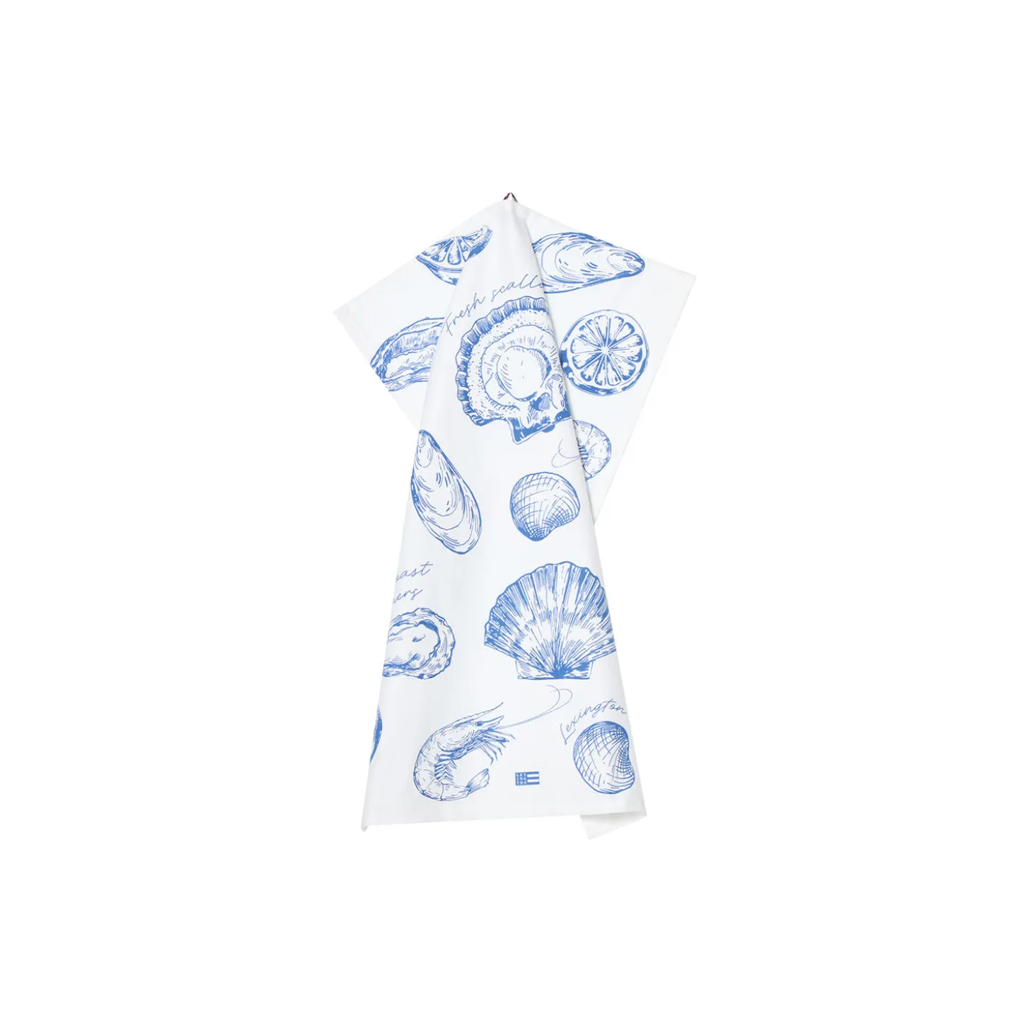 Shell Printed Organic Cotton Kitchen Towel, white/blue